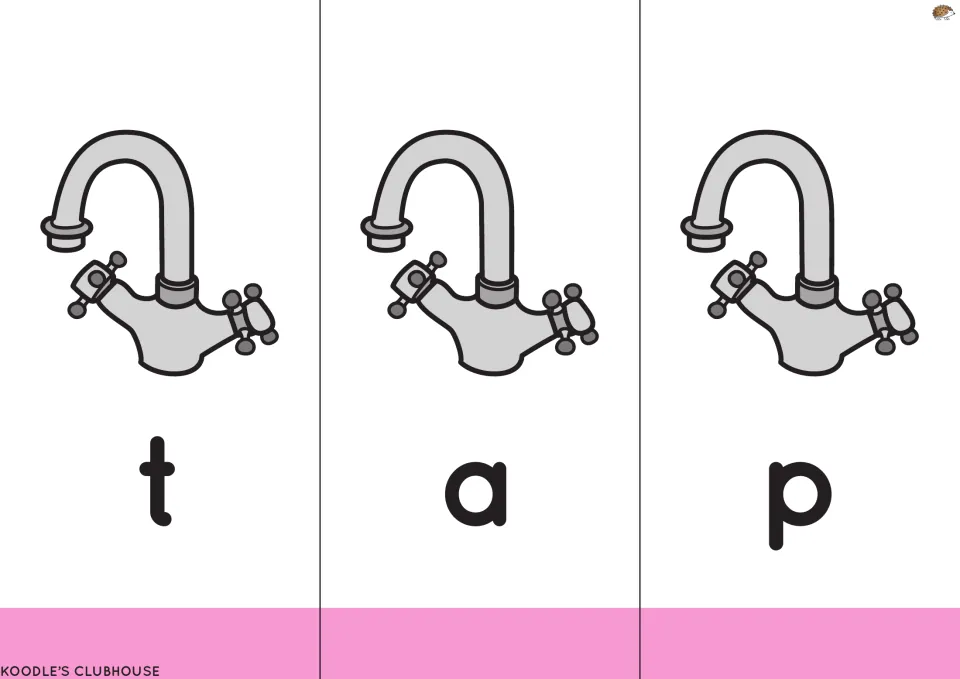 Reading-set flipbook word tap: letters t, a, p paired with pictures of a water faucet for three letter flaps