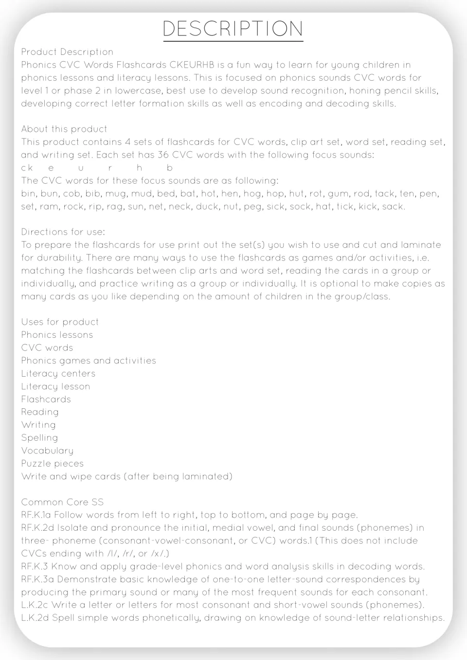 Product description listing focus sounds ck, e, u, r, h, b, all 36 CVC words, prep directions, uses and Common Core codes