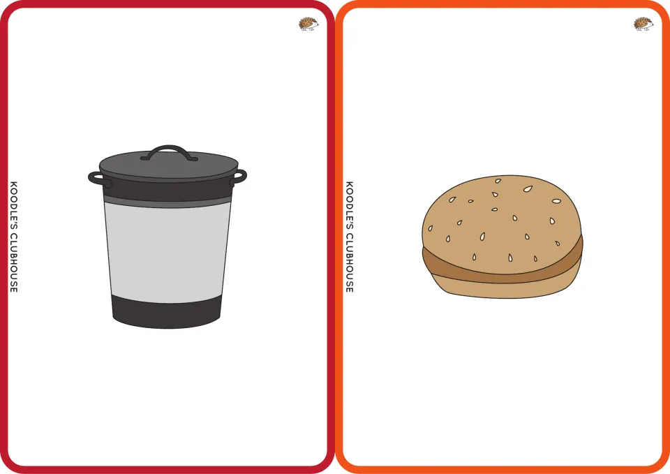 CVC picture flashcards for bin and bun: a lidded trash bin and a sesame bun, for students to name and sound out each word
