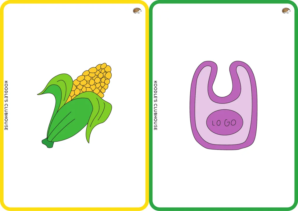 CVC picture flashcards for cob and bib: an ear of corn and a purple baby bib, to say each word and hear its middle vowel