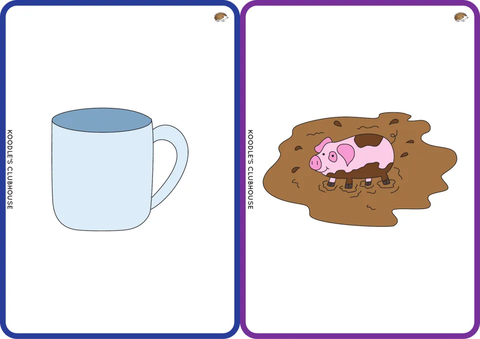 CVC picture flashcards for mug and mud: a pale blue mug and a pig in a mud puddle, for short u word recognition