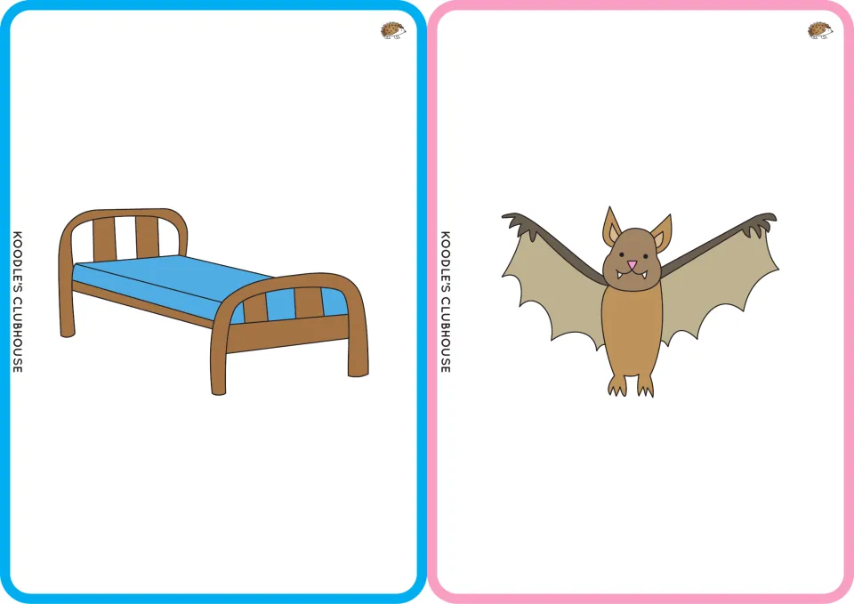 CVC picture flashcards for bed and bat: a wooden bed with blue sheet and a brown bat with open wings, for initial b sounds