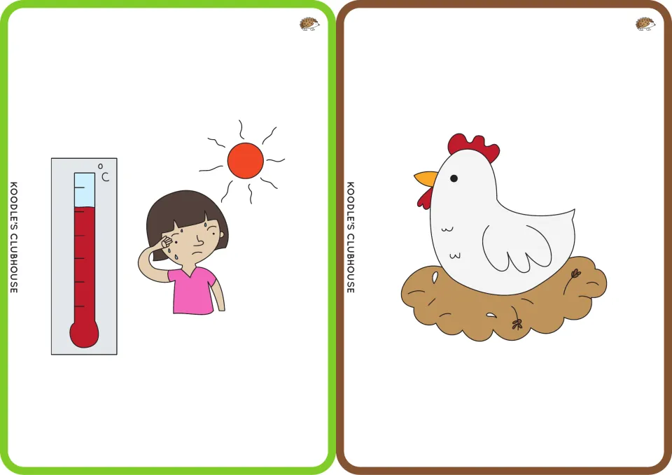 CVC picture flashcards for hot and hen: a sweating girl beside a sun and thermometer, and a white hen on a nest