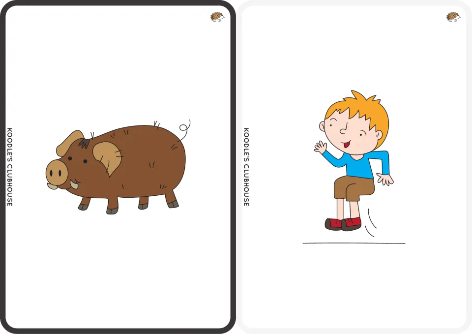 CVC picture flashcards for hog and hop: a brown tusked hog and a boy hopping off the ground, to name and segment each word