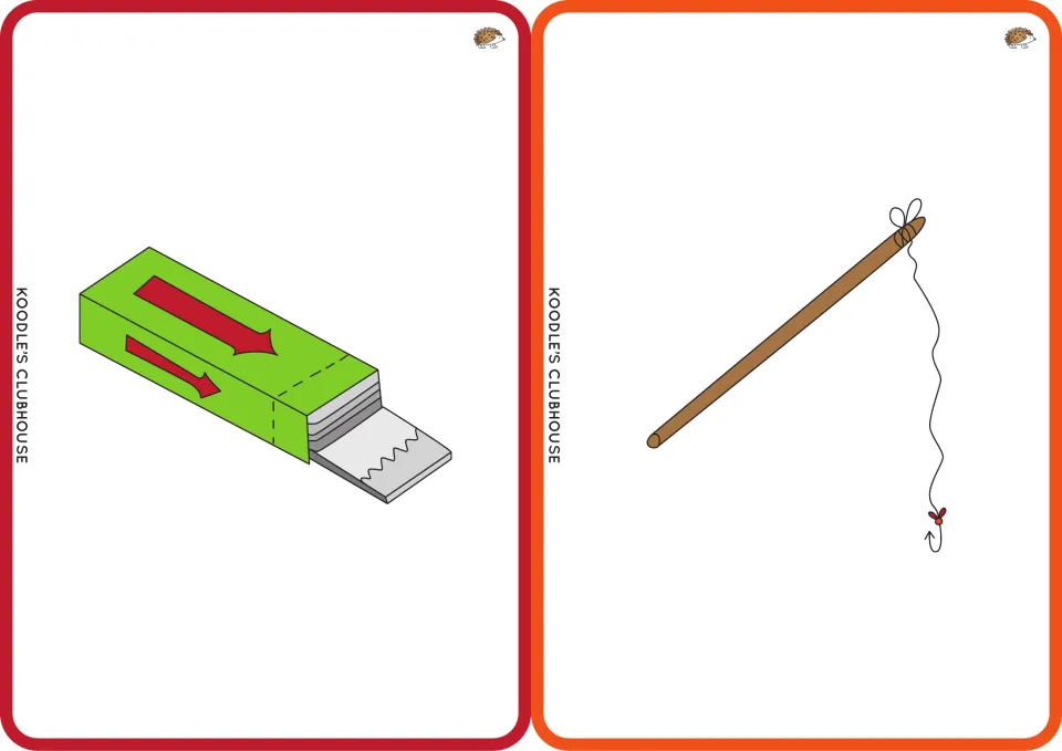 CVC picture flashcards for gum and rod: a pack of chewing gum and a fishing rod with line and hook, to name and decode