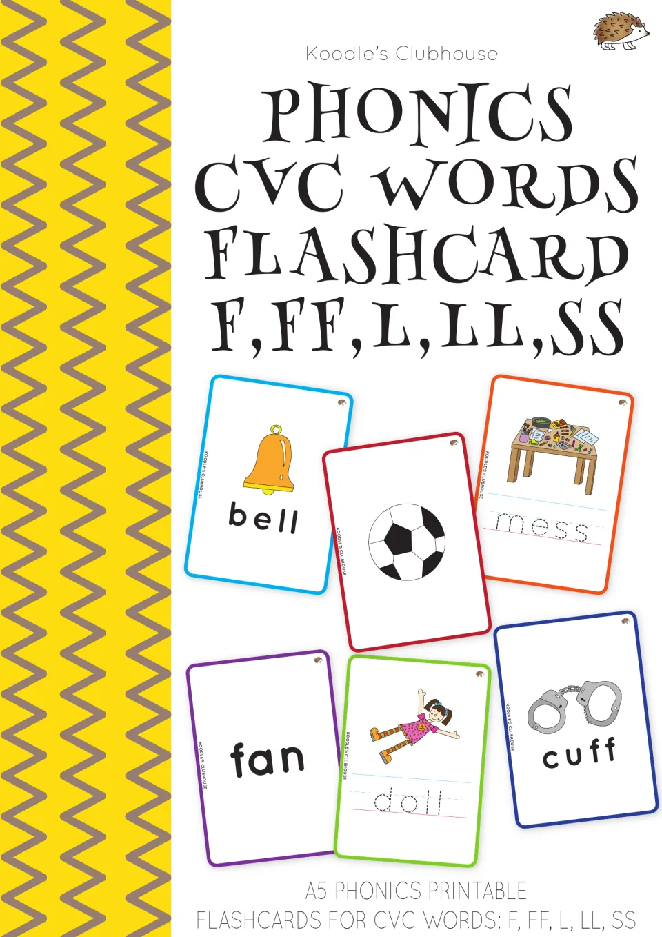 Phonics flashcard cover for f, ff, l, ll, and ss, showing sample picture, word, reading, and writing cards