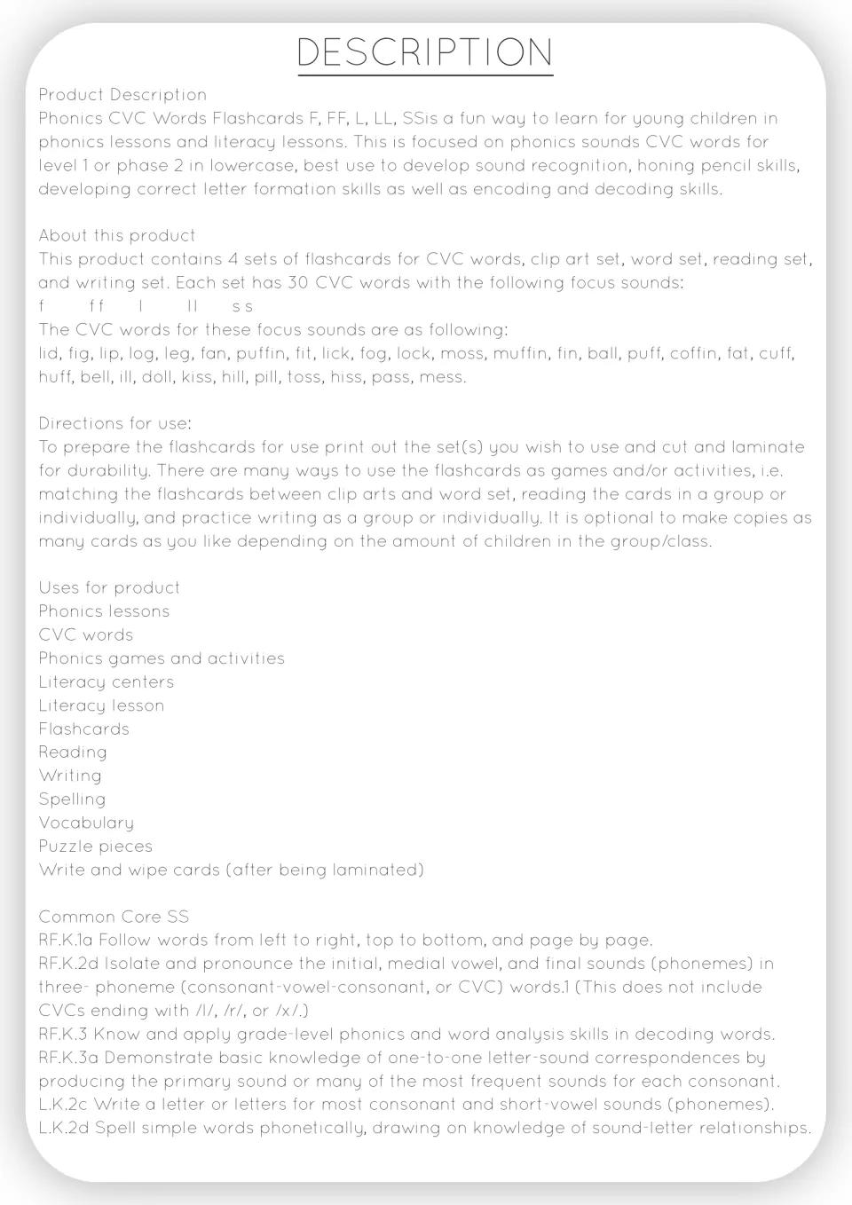 Flashcard description lists four sets of 30 words, focus letters f, ff, l, ll, ss, and preparation directions