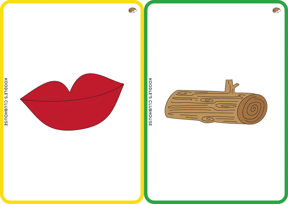 Picture flashcards 3–4 show lips and a log for matching to the words lip and log in the phonics set