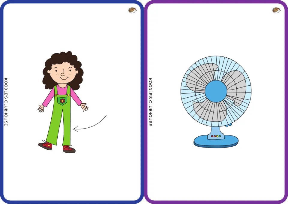 Picture flashcards 5–6 show a girl with an arrow pointing to her leg and a fan, representing leg and fan