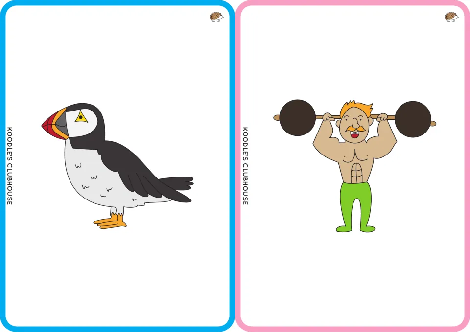 Picture flashcards 7–8 show a puffin and a person lifting weights for the words puffin and fit in the set
