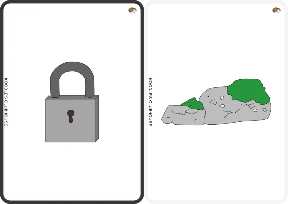 Picture flashcards 11–12 show a padlock and moss on rocks for matching to the words lock and moss