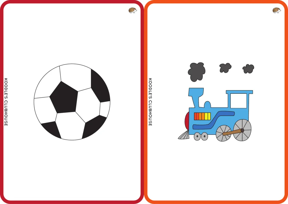 Picture flashcards 15–16 show a soccer ball and a train puffing smoke for the words ball and puff