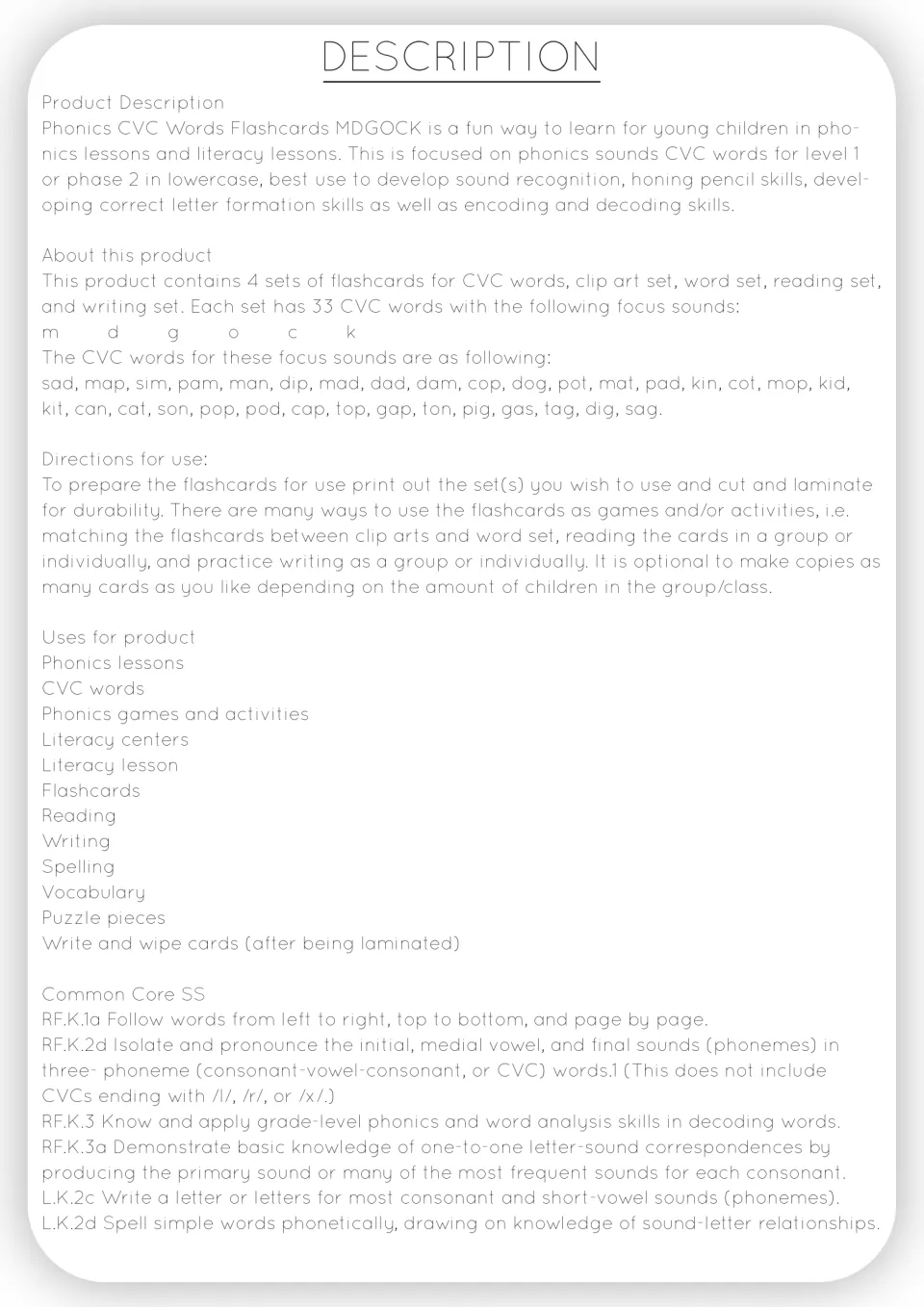 Product description listing four flashcard sets, the 33 CVC words for m, d, g, o, c, k, directions and Common Core codes