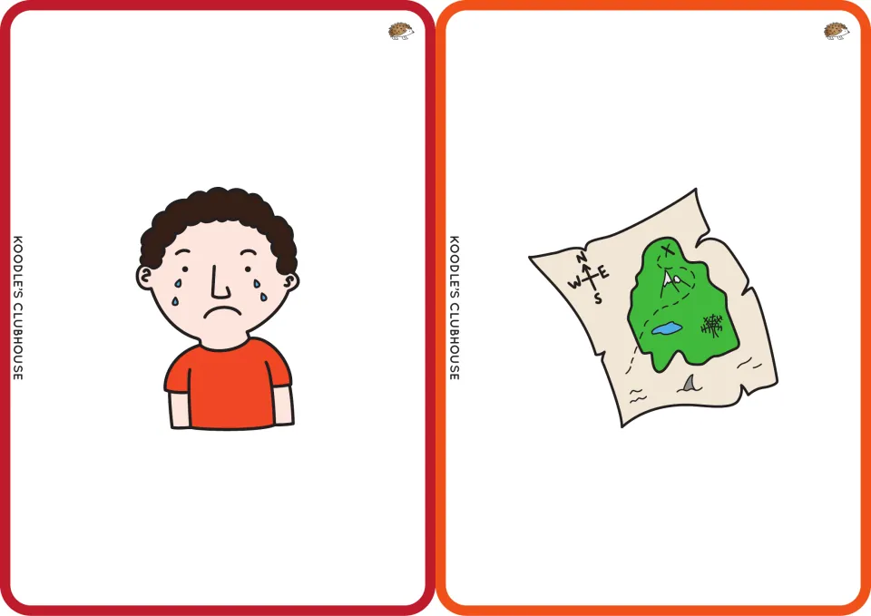 Clip art picture cards for CVC words sad and map: a crying boy and a treasure map for students to name and sound out