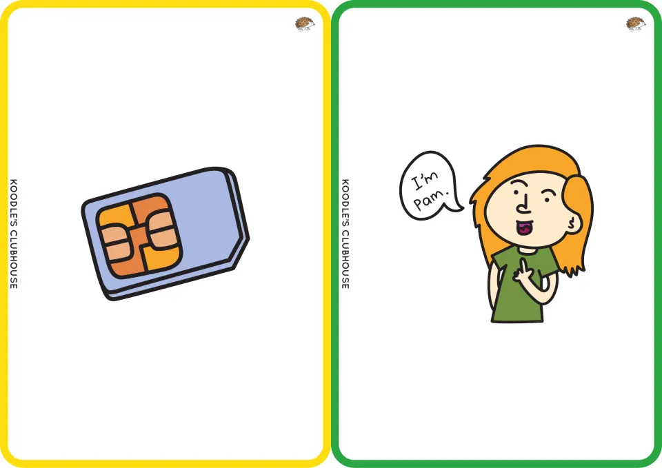 Clip art picture cards for sim and Pam: a SIM card and a girl saying I'm Pam, for naming and segmenting sounds