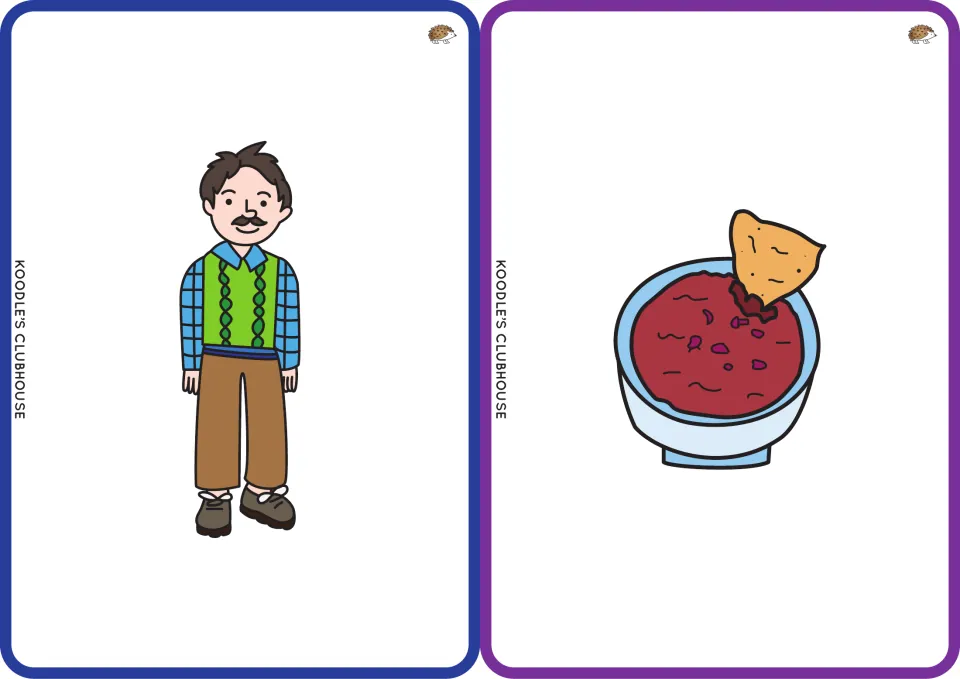 Clip art picture cards for man and dip: a man in a green vest and a bowl of dip with a chip, for sounding out CVC words