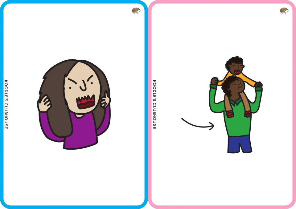 Clip art picture cards for mad and dad: an angry woman and a smiling father carrying a child, for naming CVC words
