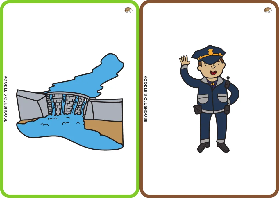 Clip art picture cards for dam and cop: water flowing through a dam and a waving police officer, to name and sound out