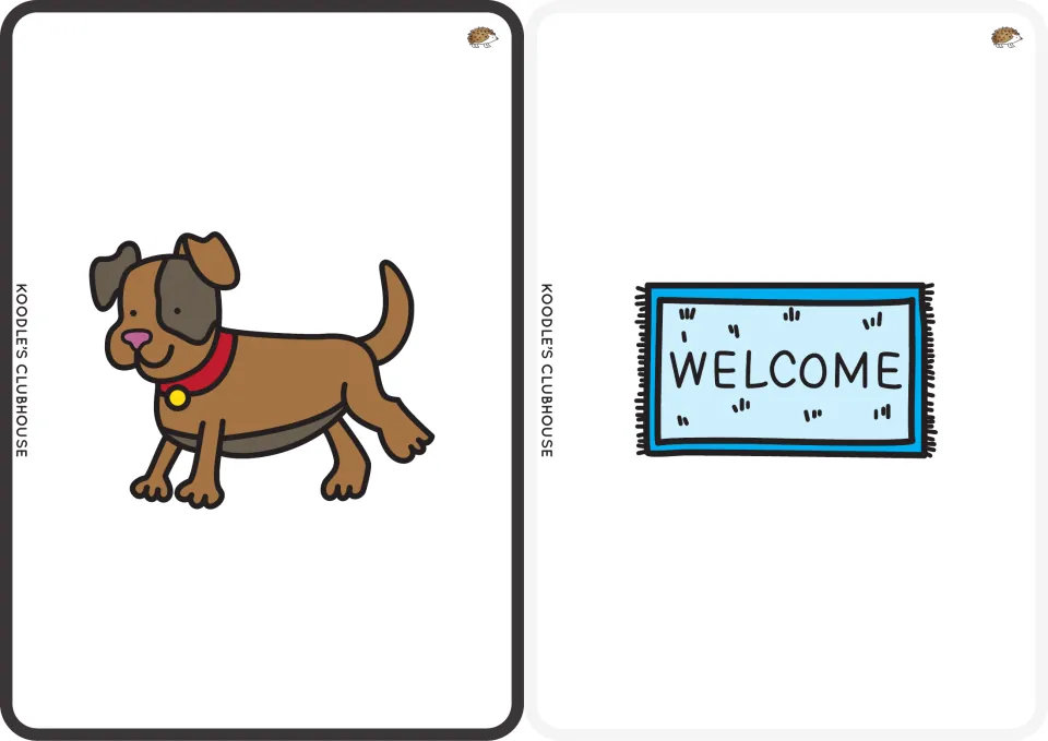 Clip art picture cards for dog and mat: a brown dog with a red collar and a welcome mat, for blending CVC words aloud