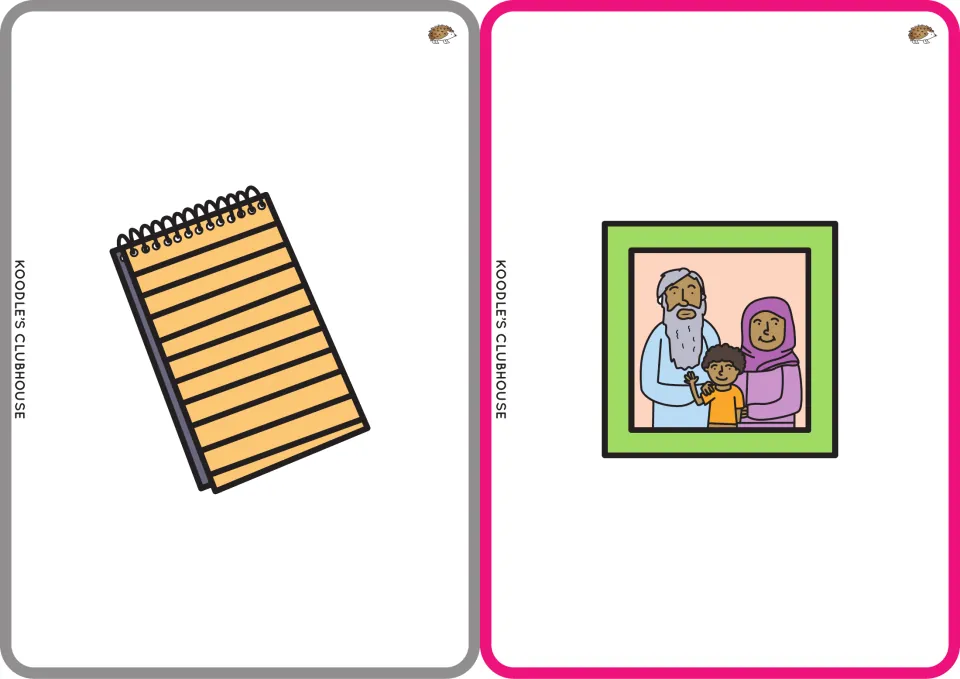 Clip art picture cards for pad and kin: a spiral notepad and a framed family portrait, for naming and segmenting words