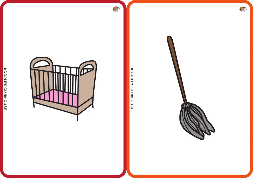 Clip art picture cards for cot and mop: a baby cot and a string mop, for students to say each CVC word and its sounds