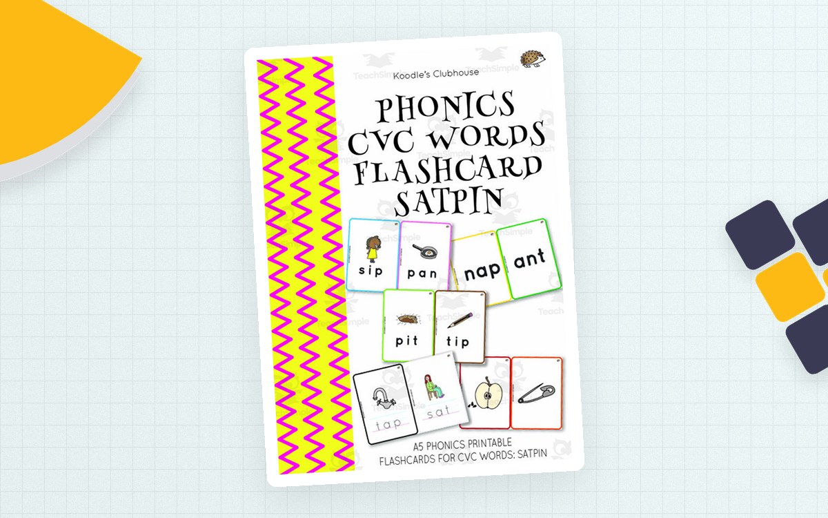 SATPIN phonics-flashcard cover previewing picture, word, reading, and tracing cards including sip, pan, nap, and ant.