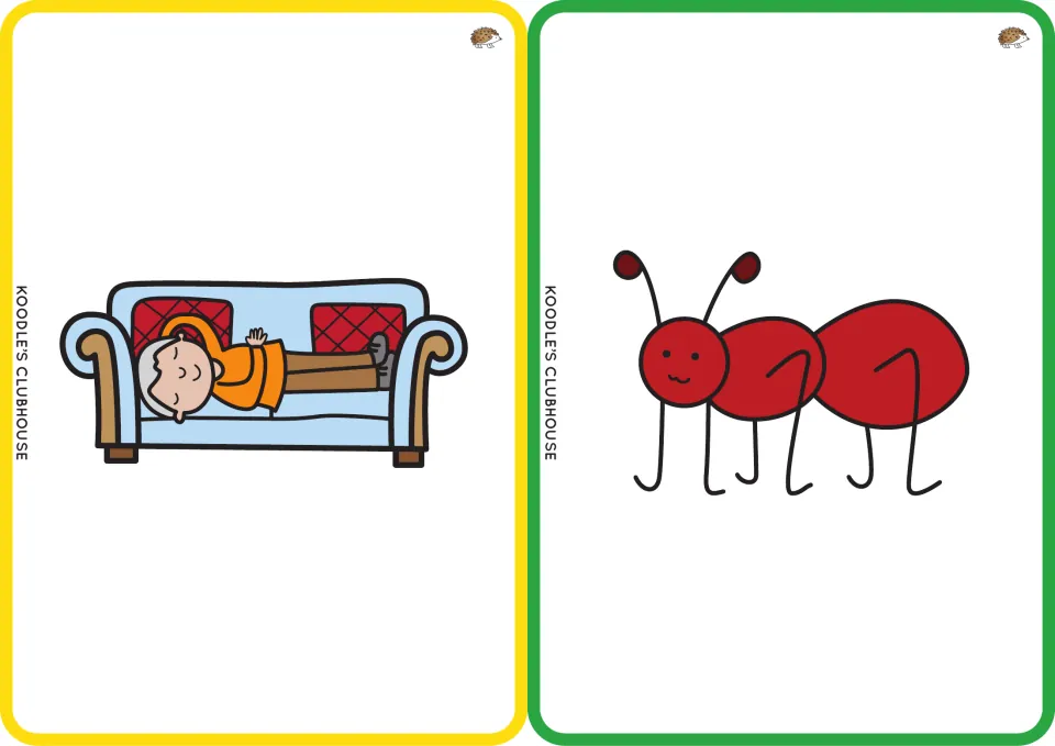Picture cards for nap and ant: a man asleep on a sofa and a red ant, for students to say and blend each word aloud