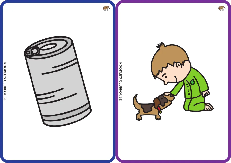 Clip art cards showing a tin can and a boy patting a puppy, cueing students to sound out tin and pat