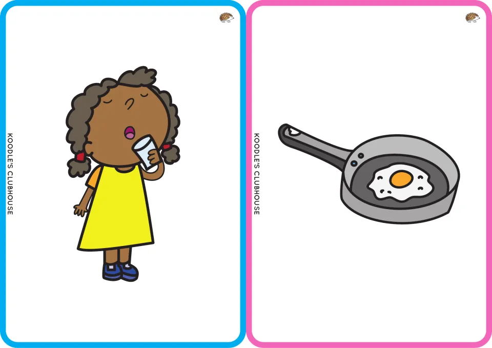 Image cards of a girl sipping from a glass and a frying pan with an egg, prompting students to name sip and pan