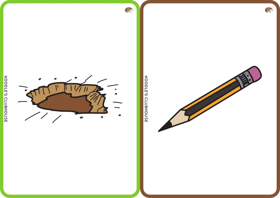 Clip art for pit and tip: a hole dug in the ground and a sharpened pencil point, for segmenting each word into sounds
