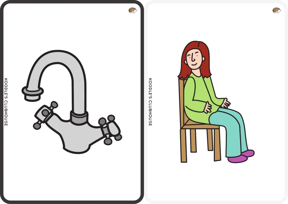 Picture prompts showing a water tap and a woman seated on a chair, for students to identify tap and sat