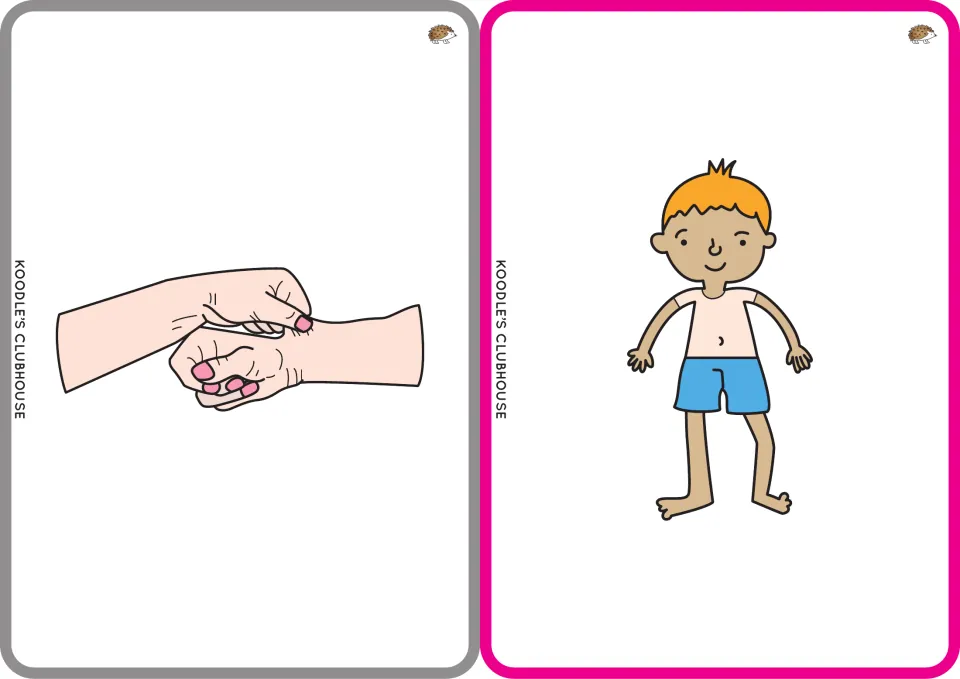 Illustrated cards of one hand pinching another and a smiling boy with a tan, for decoding nip and tan