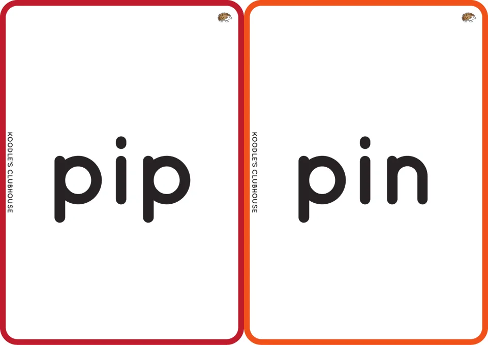 Word-only cards reading pip and pin in large lowercase print, for students to decode and read each CVC word