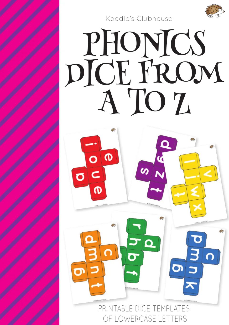 Phonics Dice From A to Z cover: printable dice templates of lowercase letters, showing six coloured fold-up letter dice