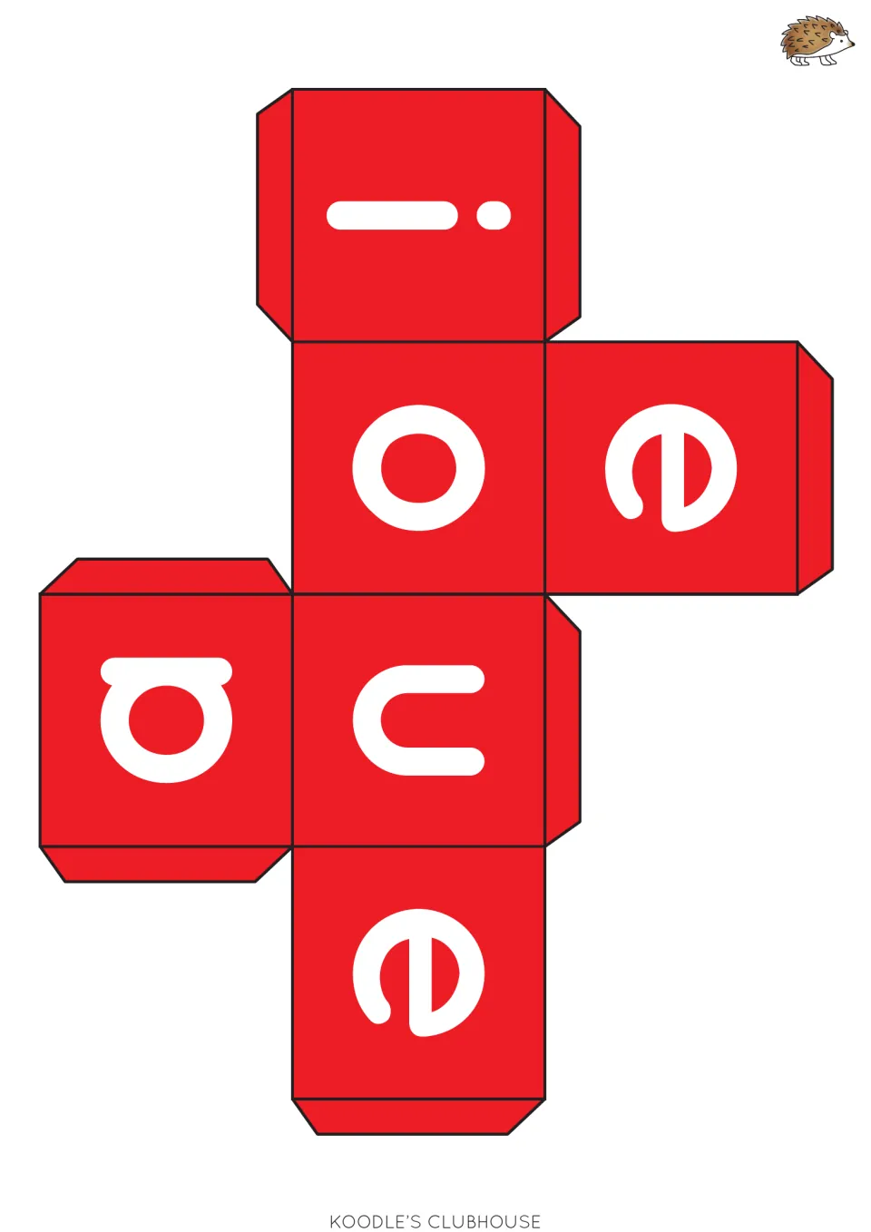 Red vowel die net with lowercase a, e, i, o, u and a second e; students cut, fold and roll to say each vowel sound