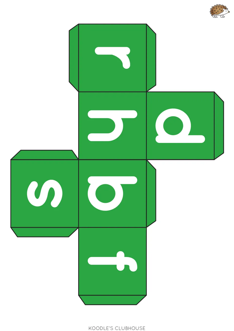 Green letter die net with lowercase r, h, d, s, b and f; students fold it into a cube and name the sound they roll