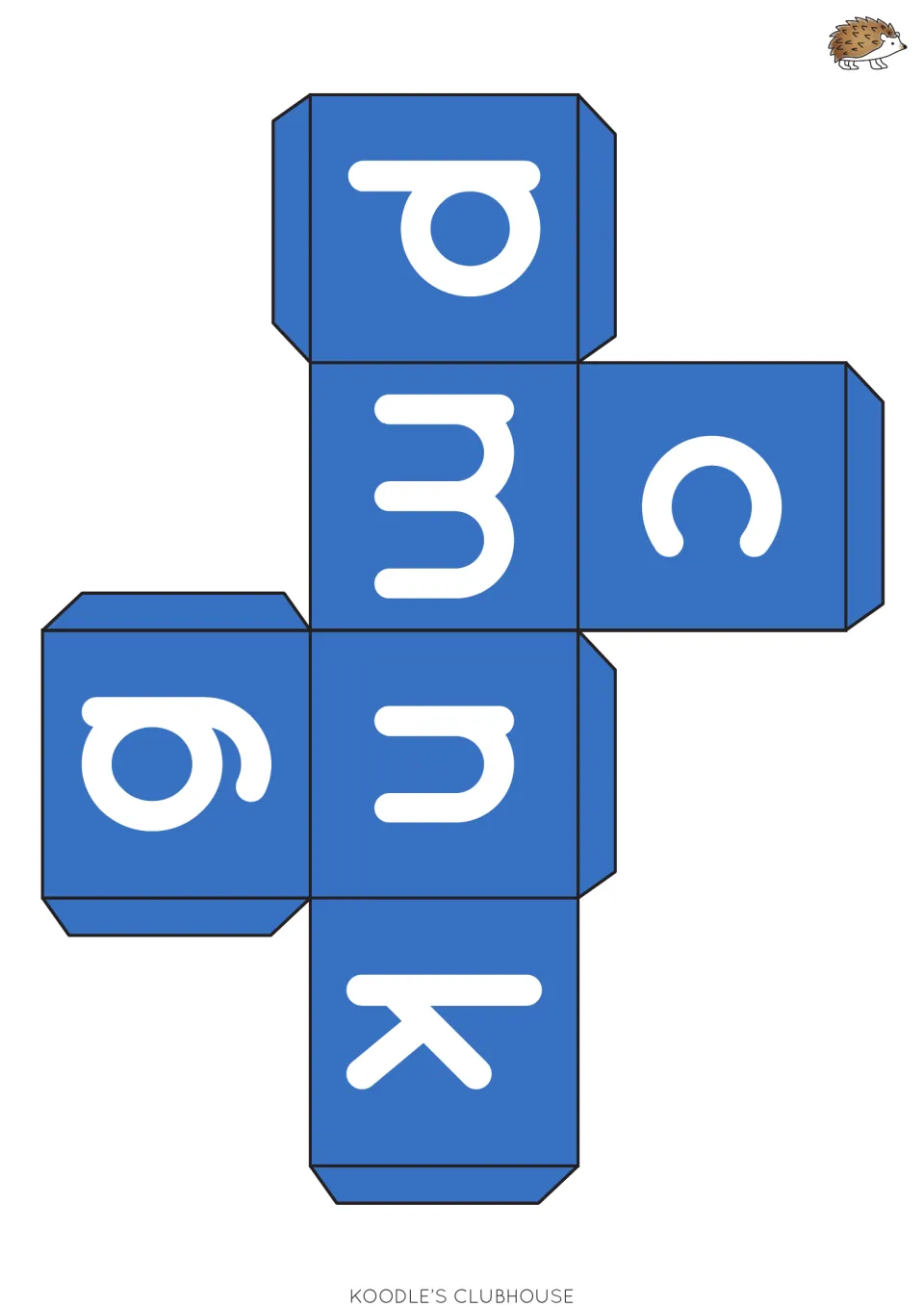 Blue letter die net with lowercase p, m, c, g, n and k; students build the cube and say the sound for each letter rolled