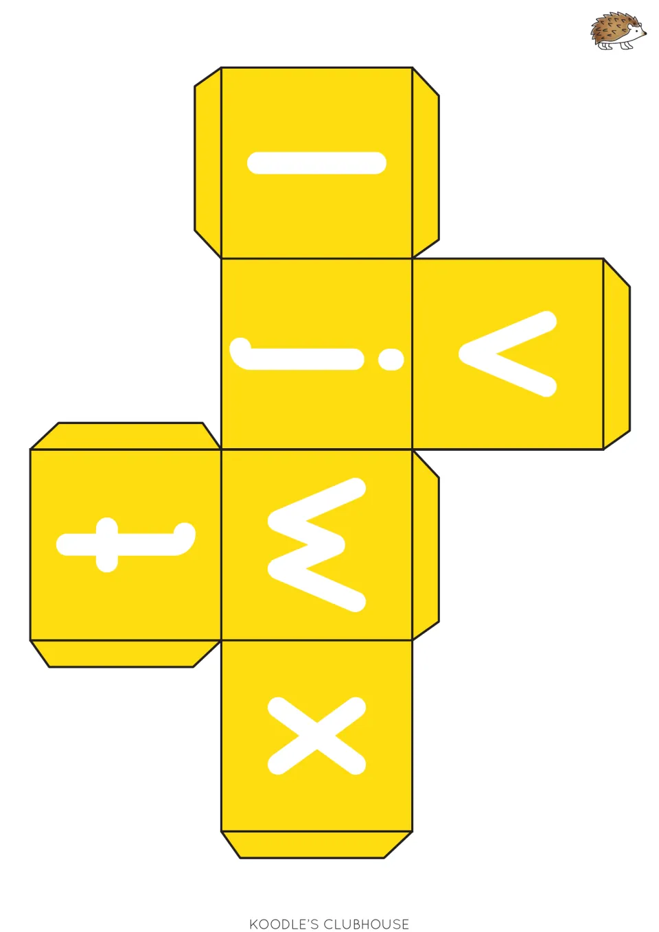 Yellow letter die net with lowercase l, j, v, t, w and x; students fold the cube and practise letter-sound matching