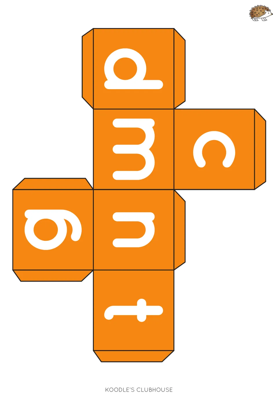Orange letter die net with lowercase d, m, c, g, n and t; students assemble it and roll to identify each sound