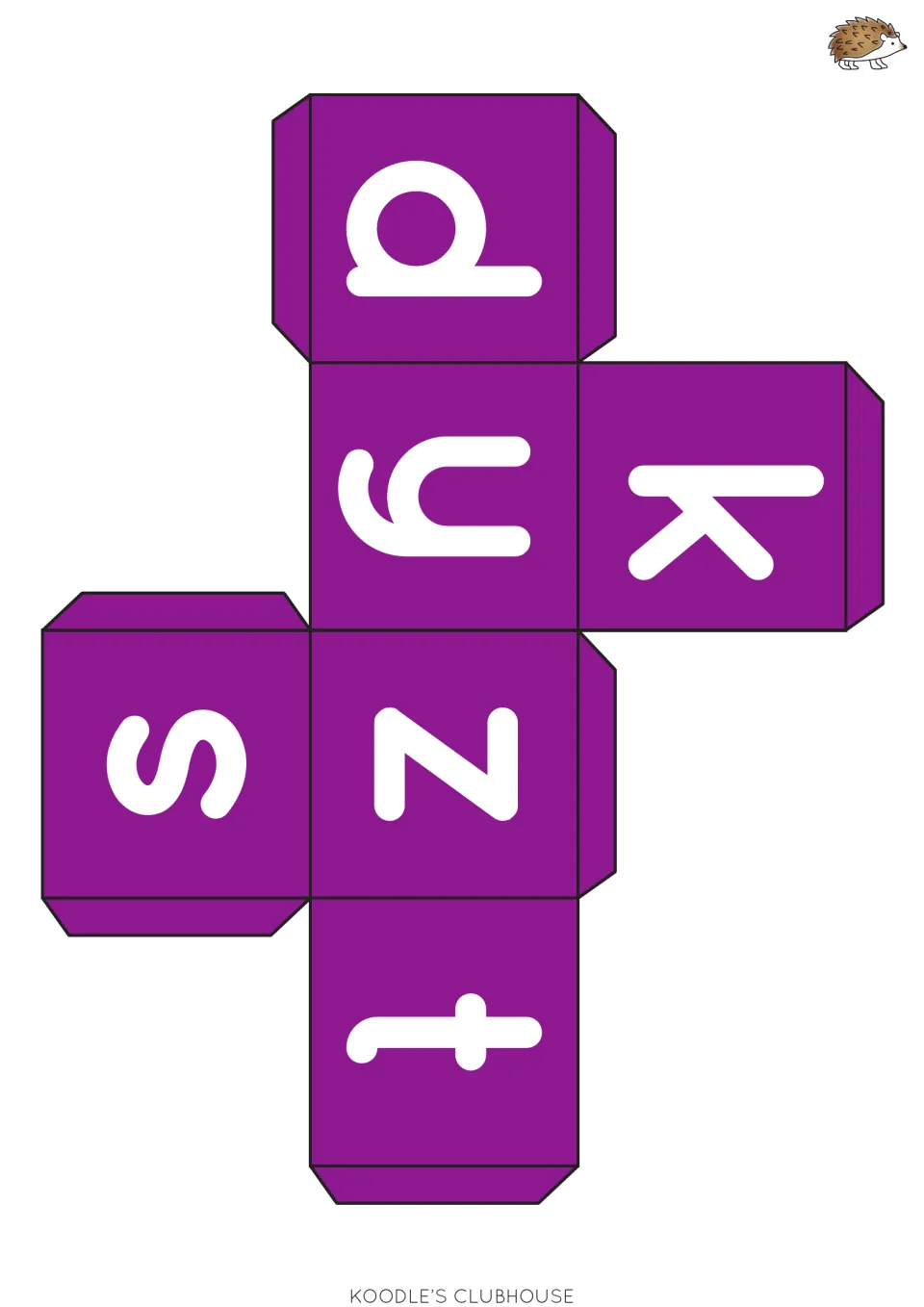 Purple letter die net with lowercase d, y, k, s, z and t; students cut and fold the cube, then say each rolled sound