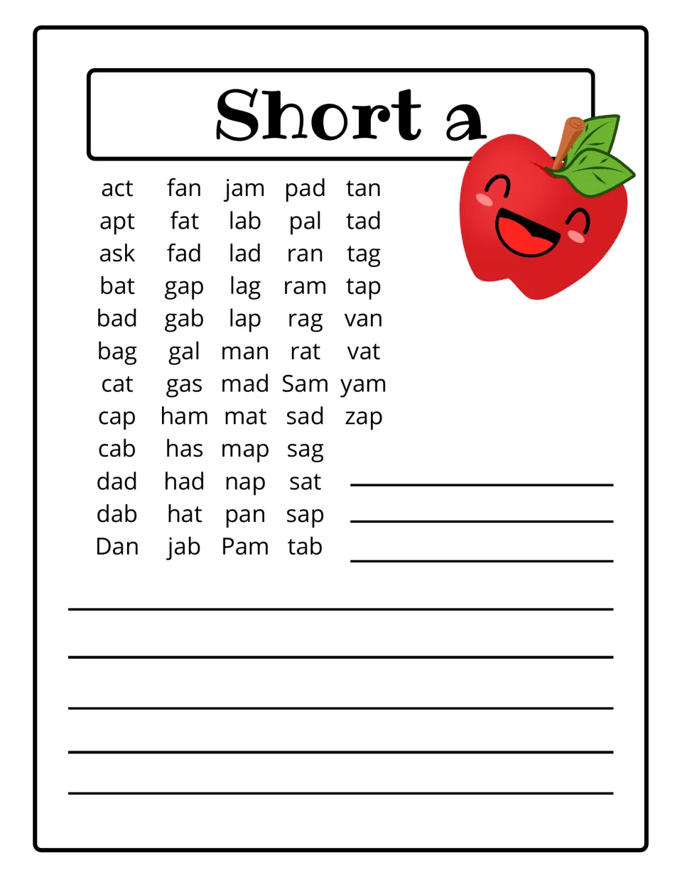 Short a reference list of CVC words like cat, map, jam and fan, with an apple picture and room to add more short a words