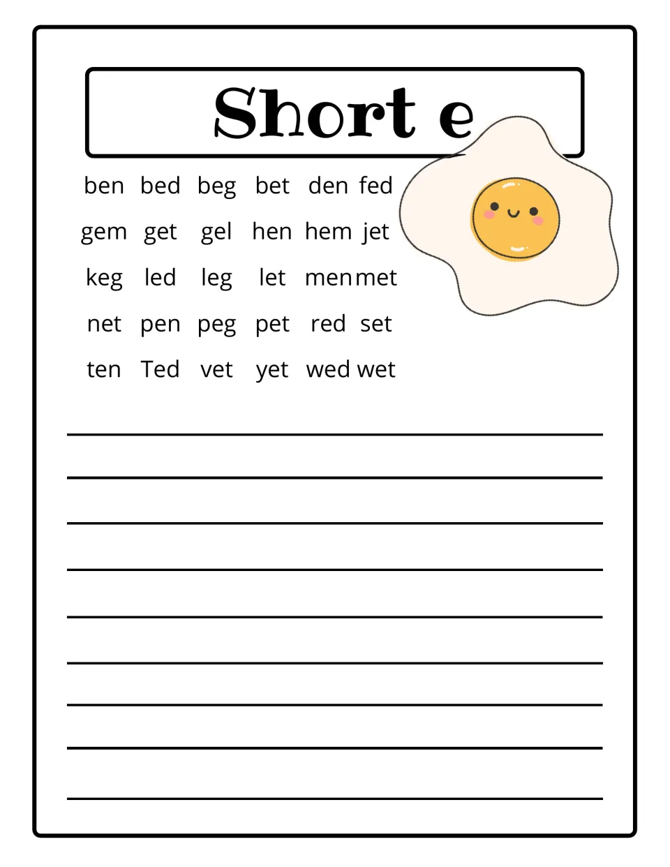 Short e reference list of CVC words such as bed, hen, pet, net and wet, with a fried egg picture and room to add new words