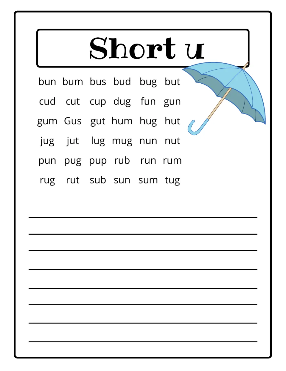 Short u reference list of CVC words such as bus, bug, cup, sun and rug, with an umbrella picture and space to add new words