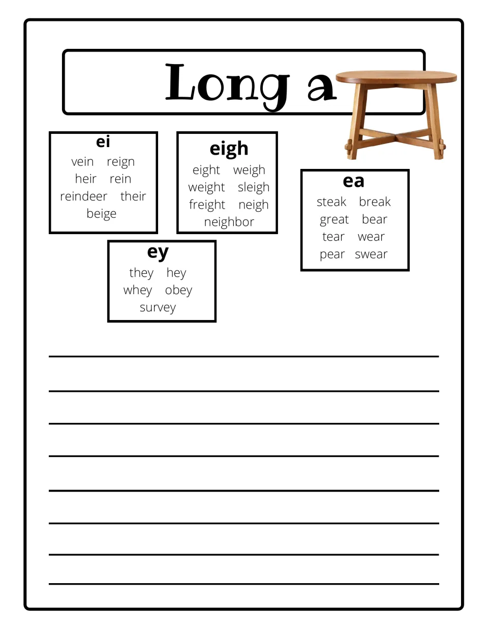Long a less common spellings: ei (vein, beige), eigh (eight, sleigh), ey (they, obey) and ea (steak, great) word groups