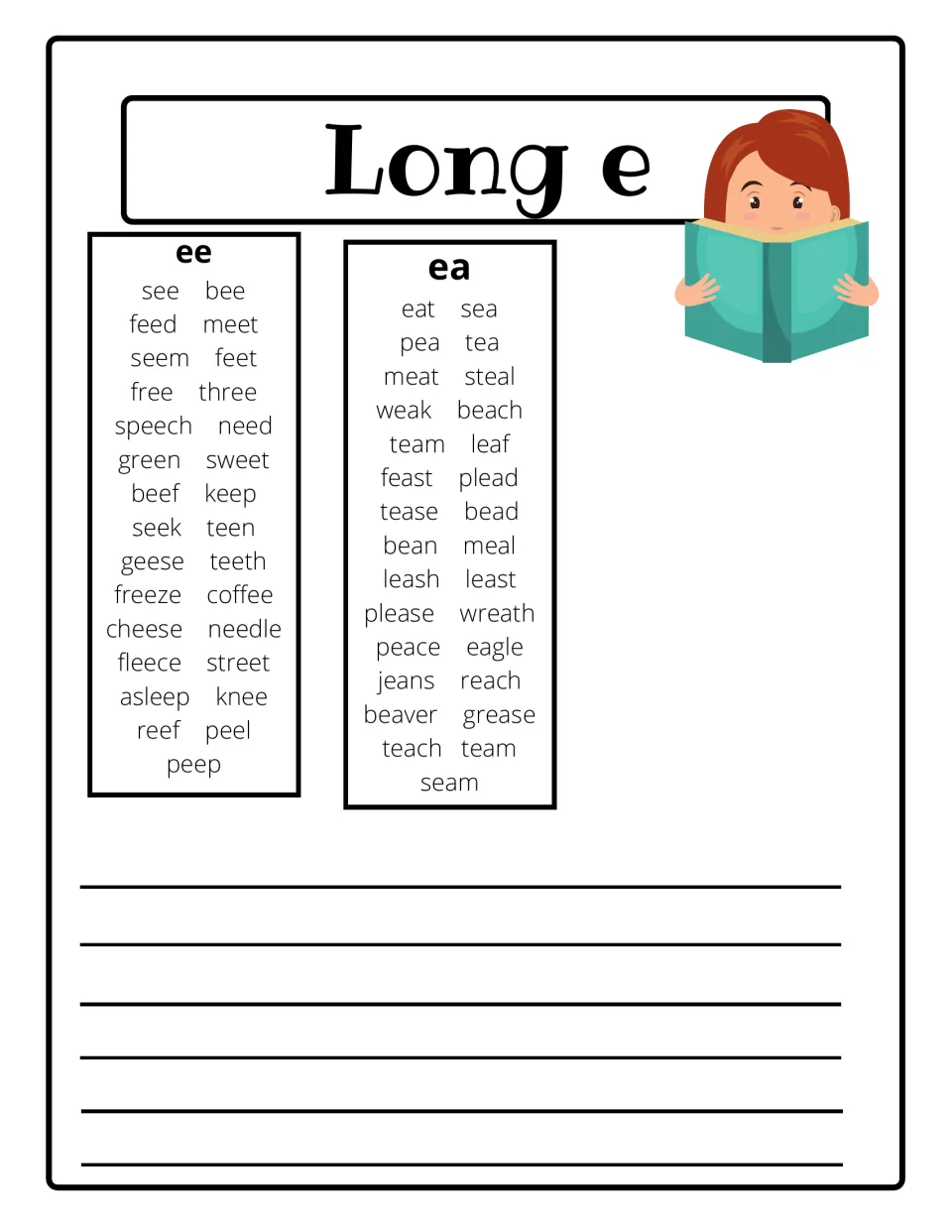 Long e vowel teams ee and ea: word lists such as see, feet, green, cheese and eat, beach, team, peace for spelling support