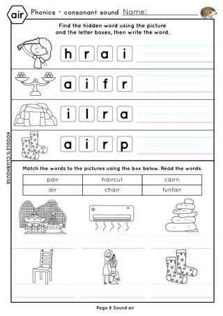 Phonics EAR, AIR, URE, ER Worksheets – sample page 3