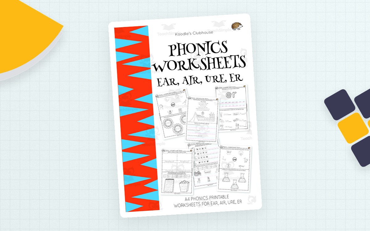 Phonics EAR, AIR, URE, ER Worksheets preview: Four ear phonics printable pages
