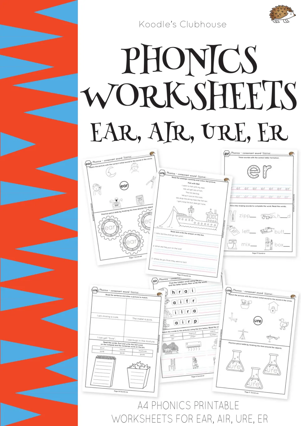 Cover: Koodle's Clubhouse phonics worksheets for ear, air, ure and er, shown with six sample sheets from the set