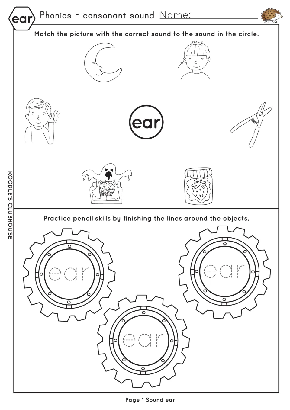 ear sound: students match pictures such as ear, beard, shears and fear to the ear circle, then trace ear on three gears