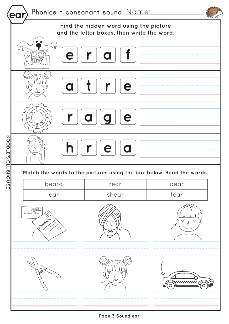 ear hidden words: students unscramble fear, tear, gear and hear, then label pictures with beard, rear, dear, ear and shear